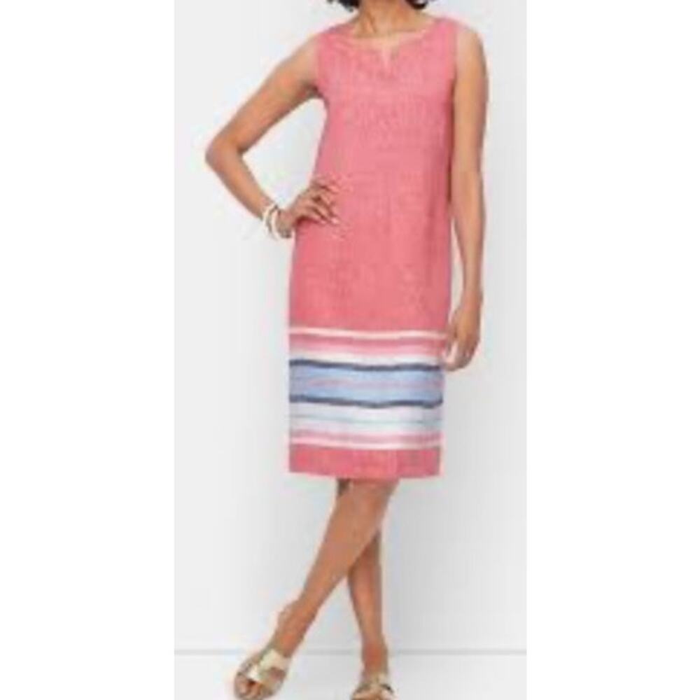 Talbots Linen Seaside Shift Red Striped Summer Sleeveless Dress 10